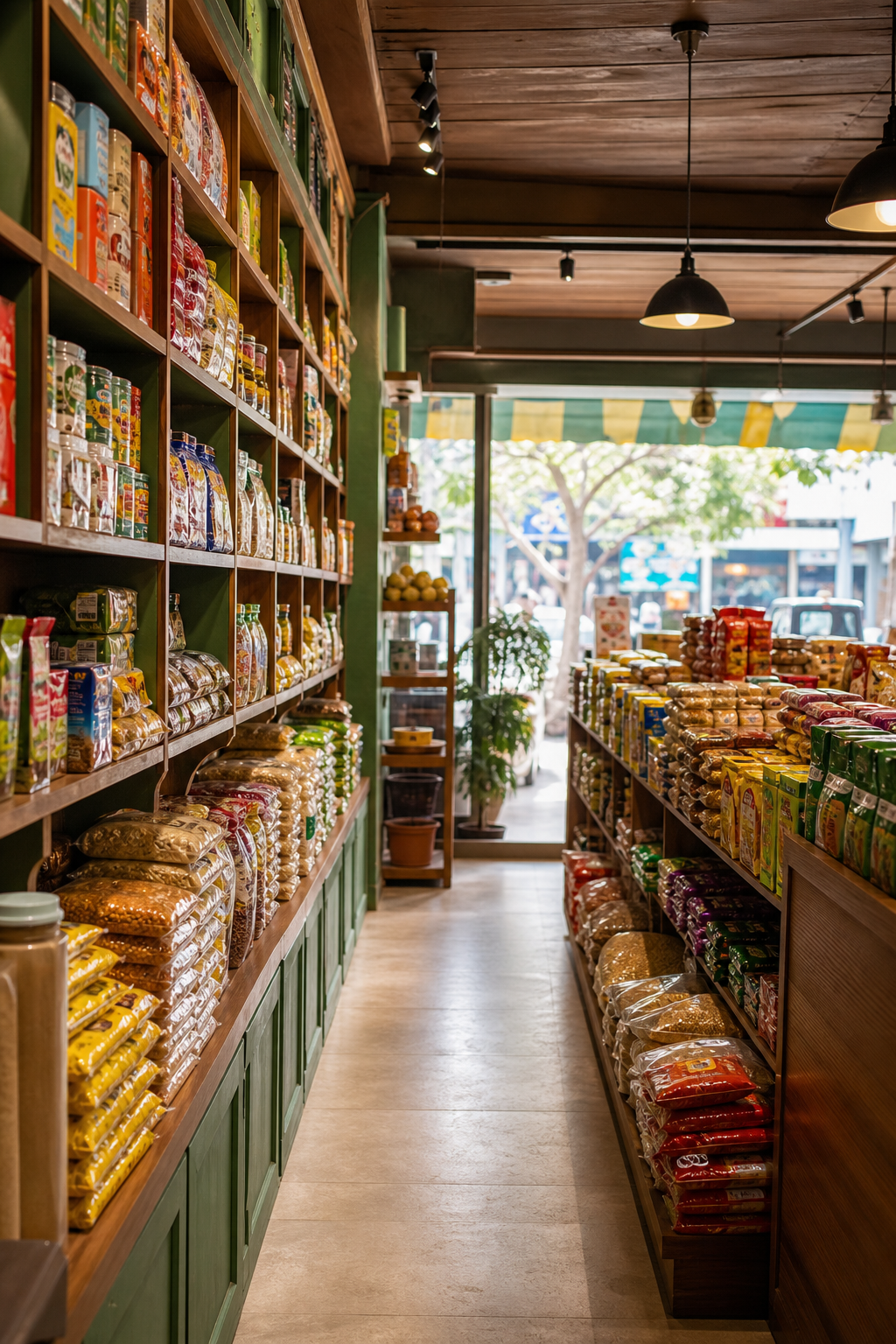 Colourful Indian grocery store shelves stocked for retail billing