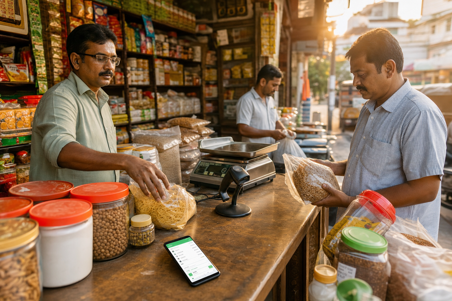 Indian kirana store owner billing customers with a barcode POS